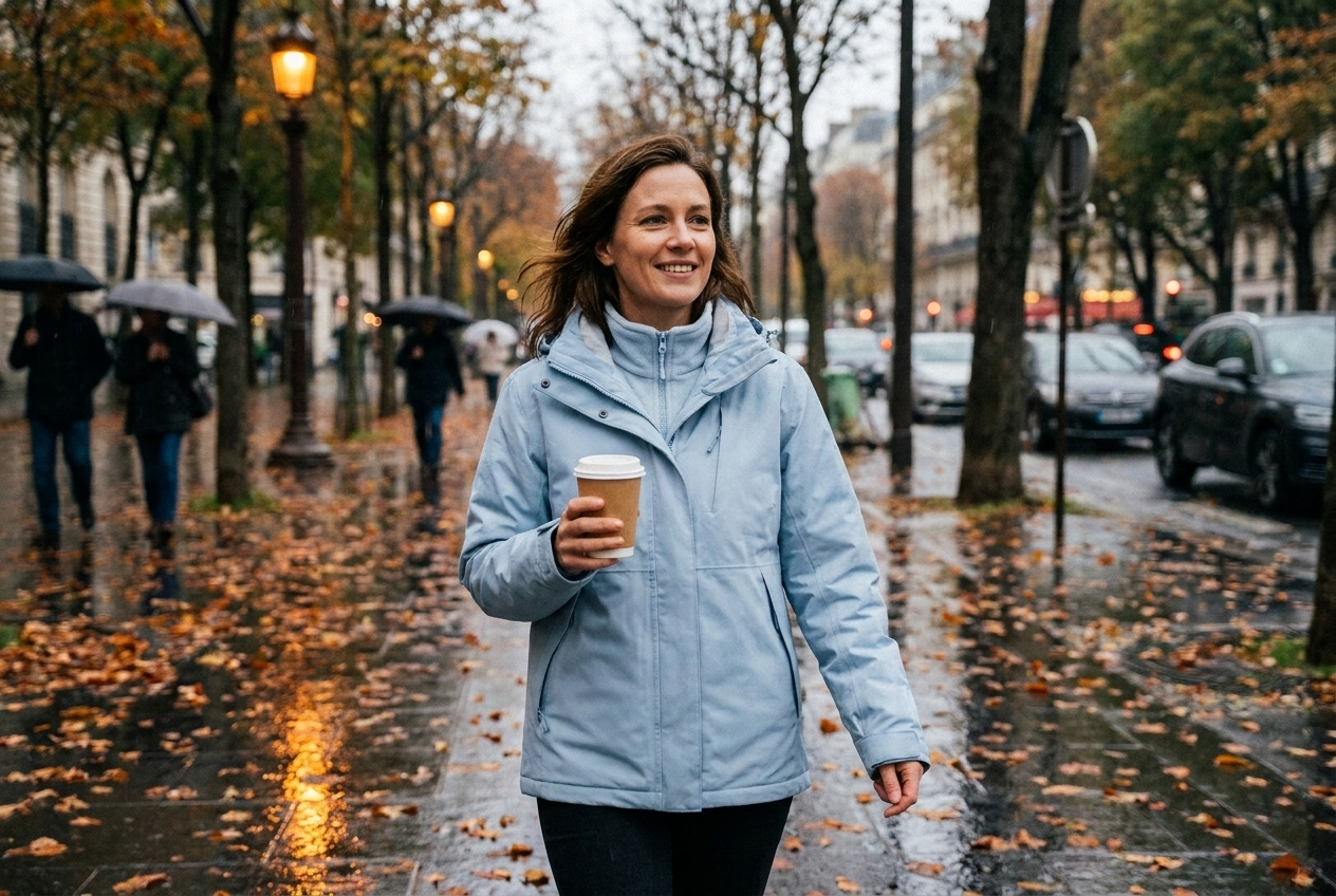 Frau in wasserdichter Regenjacke bei Dauerregen im Herbstpark